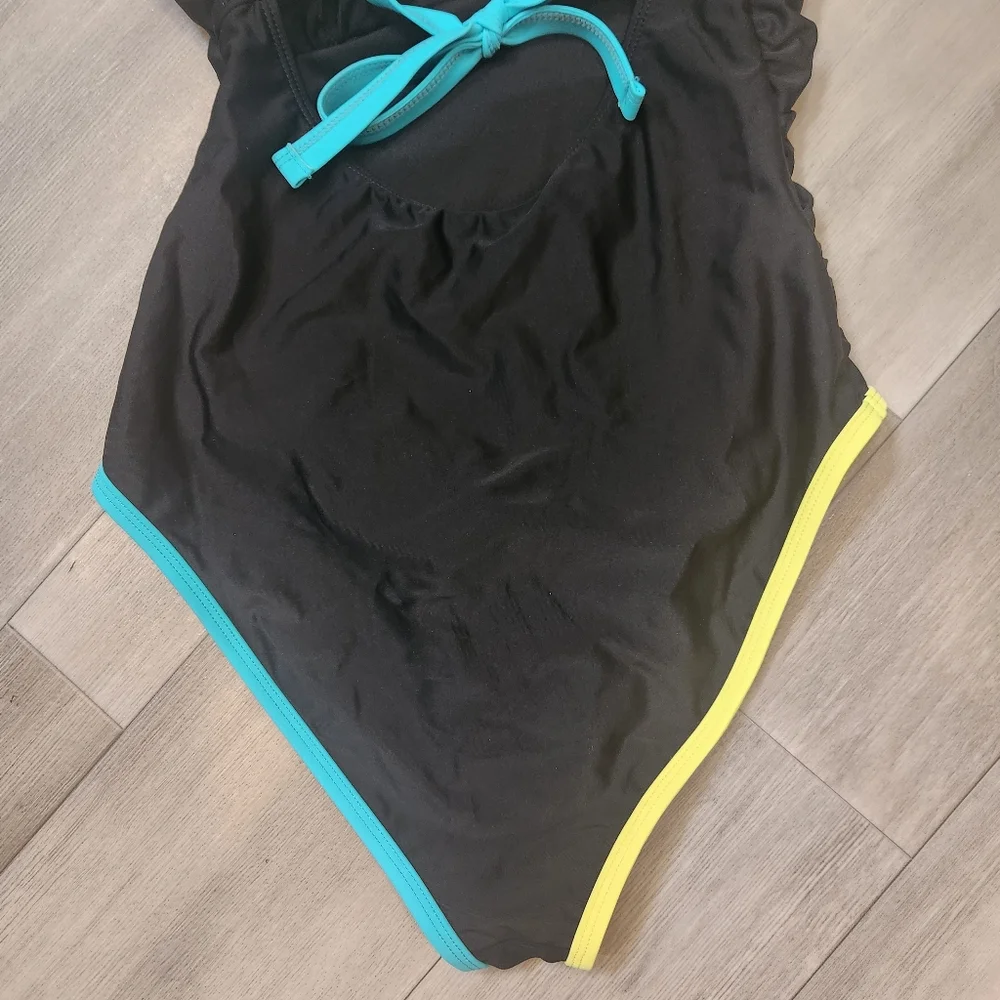 Neon straps swimsuit M black one piece deep V swimwear tummy control shaper new - Picture 9 of 12